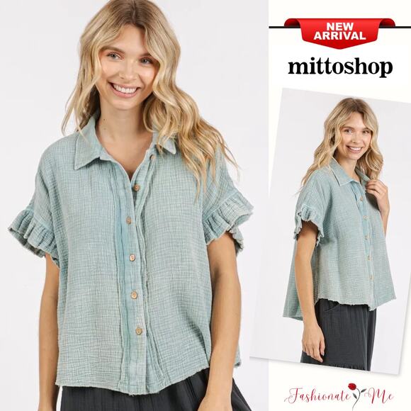 Mittoshop Mineral Wash Button Down Flounce Sleeves Loose Fit Shirt | Faded Blue - Picture 1 of 5